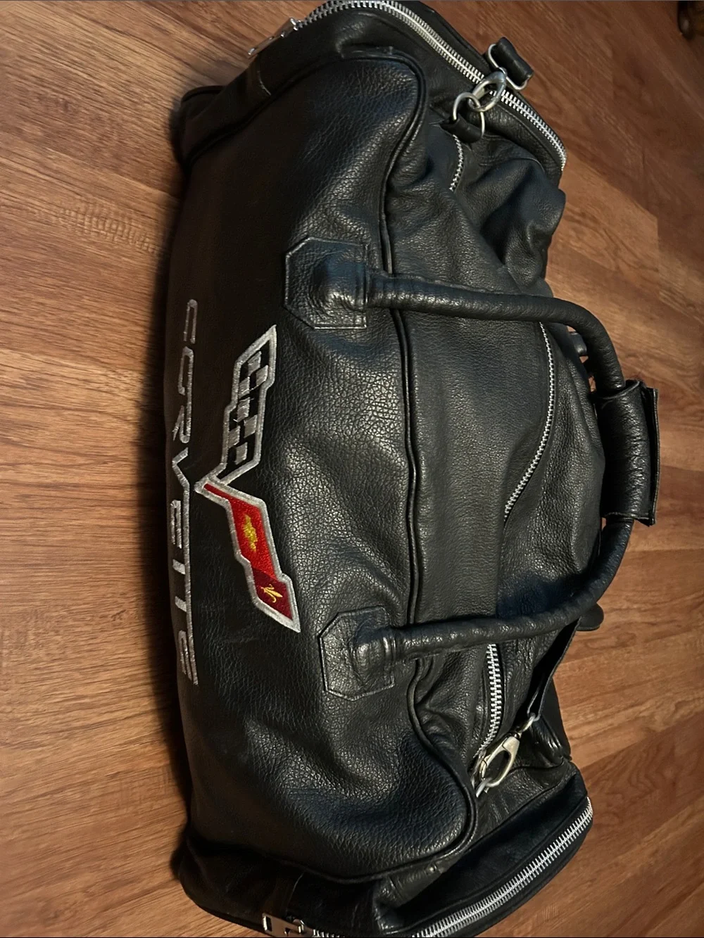 Corvette Black Leather Duffel Bag with Embroidered Crest